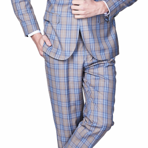 Beige Blue Check Suit Slim Fit