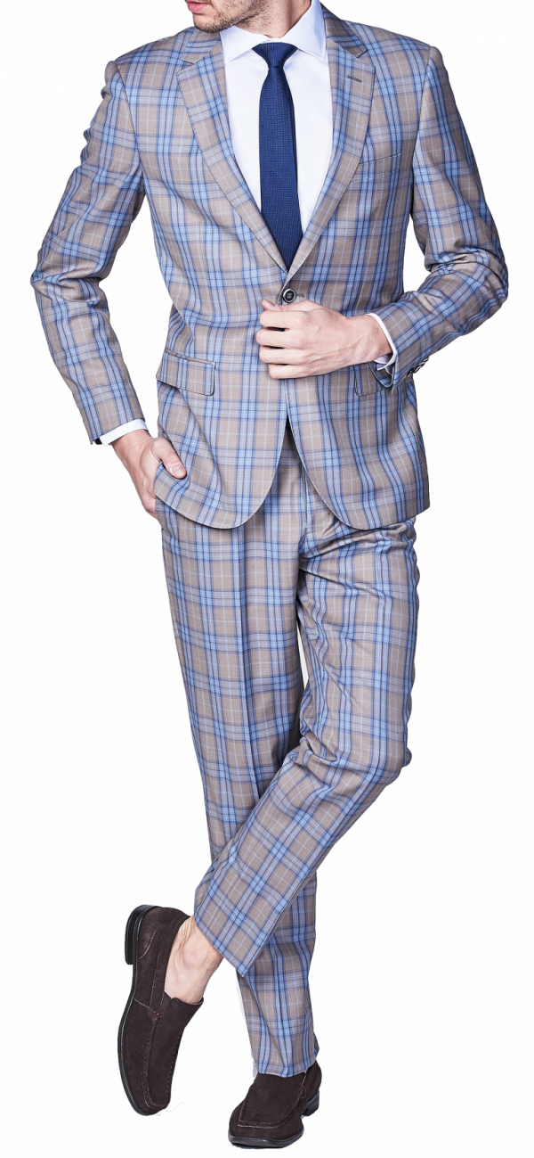 Beige Blue Check Suit Slim Fit